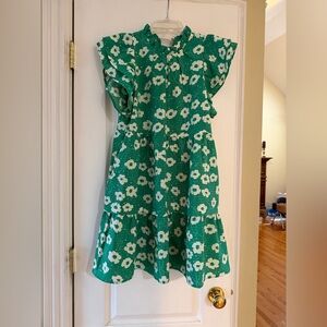 THML Green and White Floral Ruffled Tier Dress